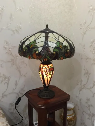 Настольная лампа Тиффани 815-804-03 Velante разноцветная 2 лампы, основание коричневое металл в стиле тиффани орнамент цветы фото 4